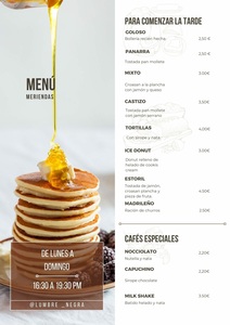 Carta de desayunos y meriendas